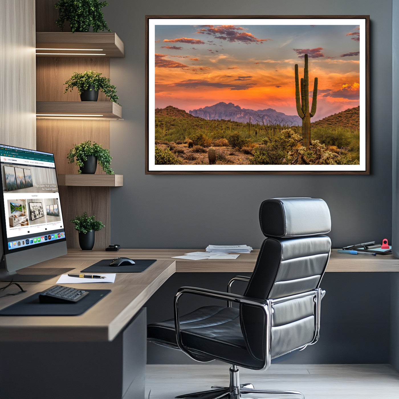 Saguaro Cactus Wall Art Canvas Print, Arizona Sunset Print, Framed Sonoran Desert Art Print, Large Vibrant Landscape Printing