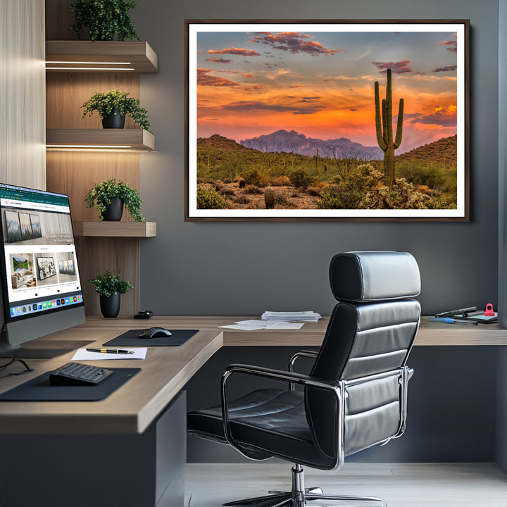 Saguaro Cactus Wall Art Canvas Print, Arizona Sunset Print, Framed Sonoran Desert Art Print, Large Vibrant Landscape Printing