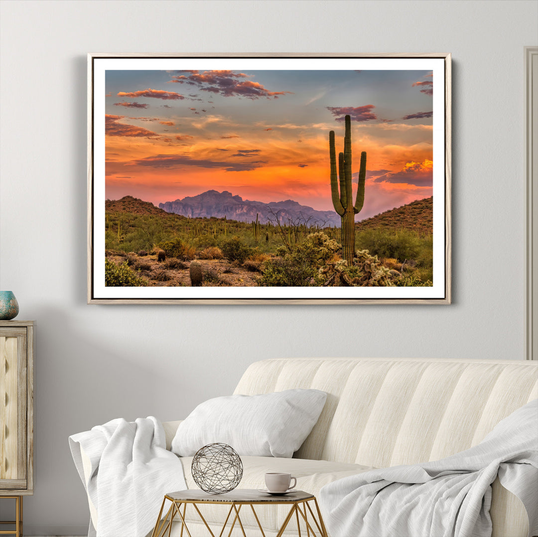 25332783-MGV-CV-36X24-Saguaro Cactus Wall Art Canvas Print, Arizona Sunset Print, Framed Sonoran Desert Art Print, Large Vibrant Landscape Printing
