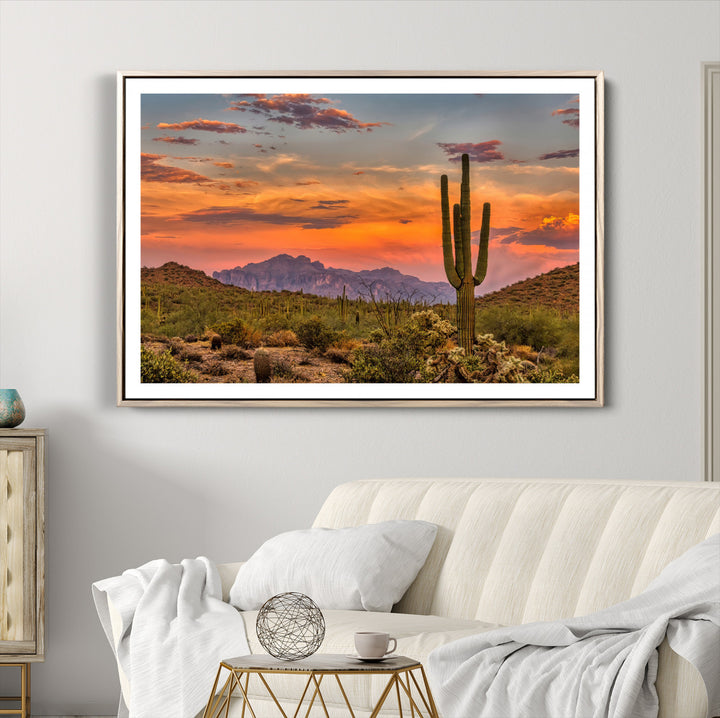 25332783-MGV-CV-36X24-Saguaro Cactus Wall Art Canvas Print, Arizona Sunset Print, Framed Sonoran Desert Art Print, Large Vibrant Landscape Printing