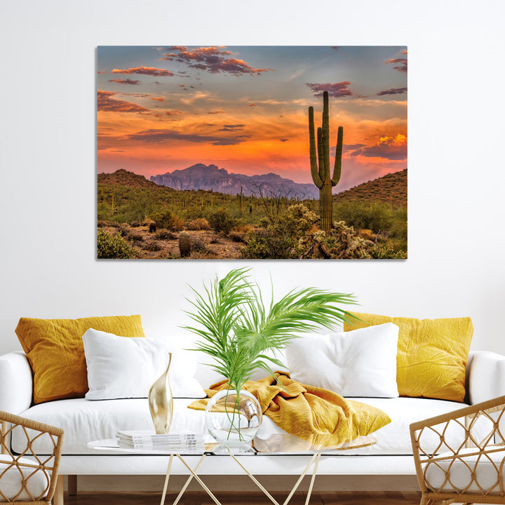 Saguaro Cactus Wall Art Canvas Print, Arizona Sunset Print, Framed Sonoran Desert Art Print, Large Vibrant Landscape Printing