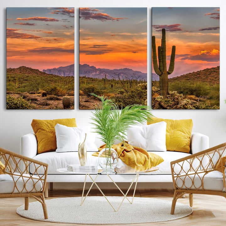 25332783-MGV-CV-36X24-Saguaro Cactus Wall Art Canvas Print, Arizona Sunset Print, Framed Sonoran Desert Art Print, Large Vibrant Landscape Printing