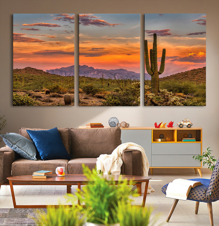 25332783-MGV-CV-36X24-Saguaro Cactus Wall Art Canvas Print, Arizona Sunset Print, Framed Sonoran Desert Art Print, Large Vibrant Landscape Printing