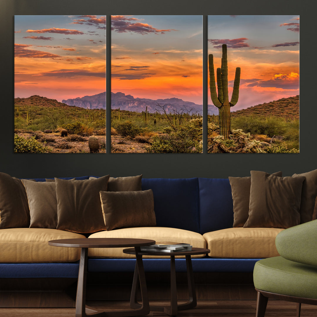 25332783-MGV-CV-36X24-Saguaro Cactus Wall Art Canvas Print, Arizona Sunset Print, Framed Sonoran Desert Art Print, Large Vibrant Landscape Printing