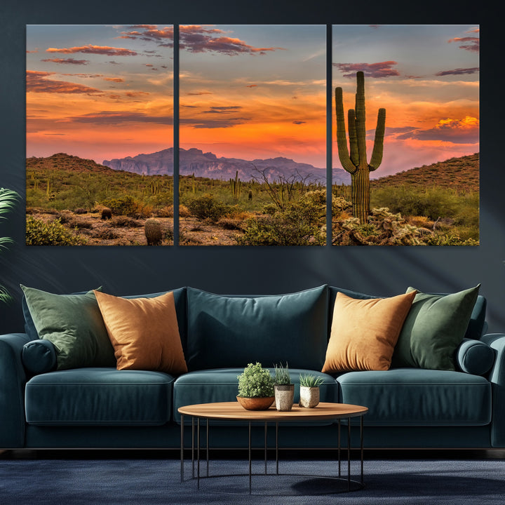 25332783-MGV-CV-36X24-Saguaro Cactus Wall Art Canvas Print, Arizona Sunset Print, Framed Sonoran Desert Art Print, Large Vibrant Landscape Printing