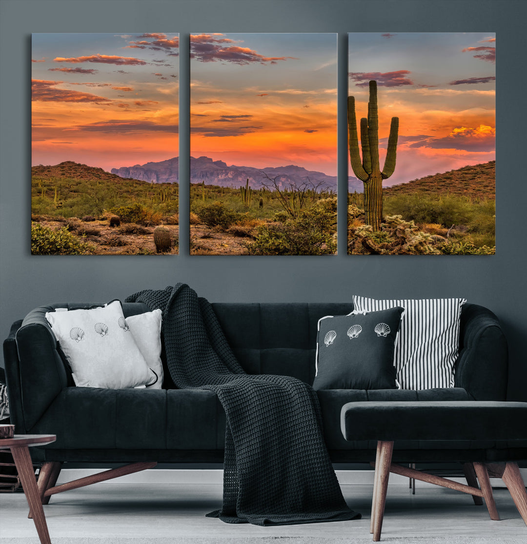 25332783-MGV-CV-36X24-Saguaro Cactus Wall Art Canvas Print, Arizona Sunset Print, Framed Sonoran Desert Art Print, Large Vibrant Landscape Printing