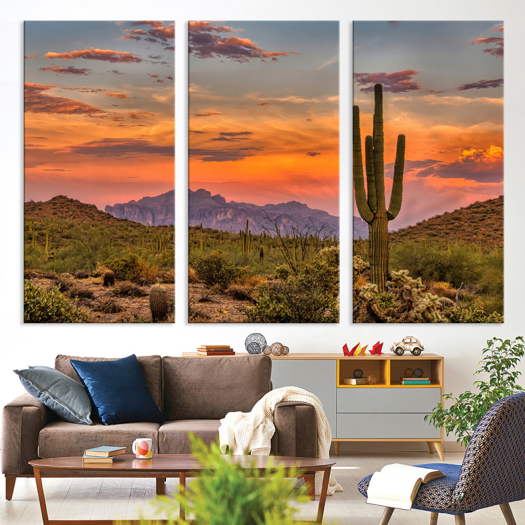 25332783-MGV-CV-36X24-Saguaro Cactus Wall Art Canvas Print, Arizona Sunset Print, Framed Sonoran Desert Art Print, Large Vibrant Landscape Printing