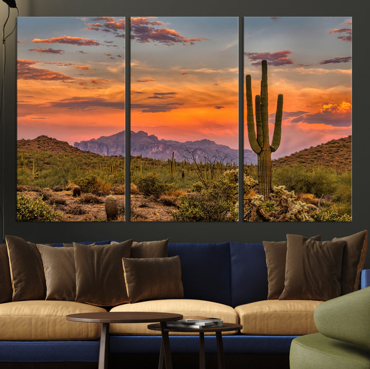 25332783-MGV-CV-36X24-Saguaro Cactus Wall Art Canvas Print, Arizona Sunset Print, Framed Sonoran Desert Art Print, Large Vibrant Landscape Printing