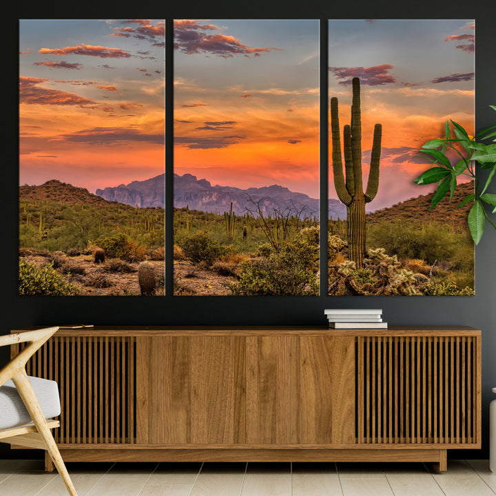 25332783-MGV-CV-36X24-Saguaro Cactus Wall Art Canvas Print, Arizona Sunset Print, Framed Sonoran Desert Art Print, Large Vibrant Landscape Printing