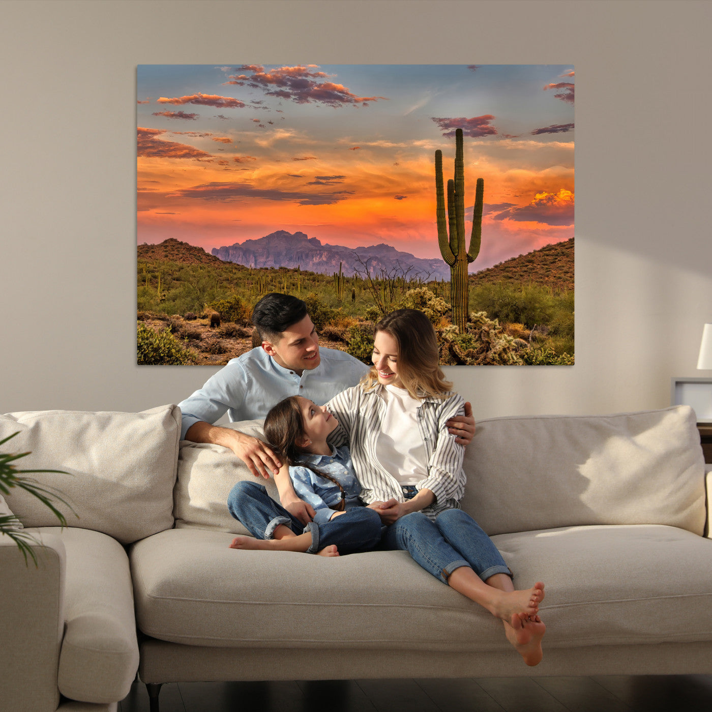 Saguaro Cactus Wall Art Canvas Print, Arizona Sunset Print, Framed Sonoran Desert Art Print, Large Vibrant Landscape Printing