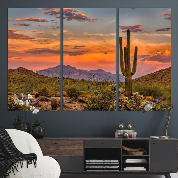 25332783-MGV-CV-36X24-Saguaro Cactus Wall Art Canvas Print, Arizona Sunset Print, Framed Sonoran Desert Art Print, Large Vibrant Landscape Printing