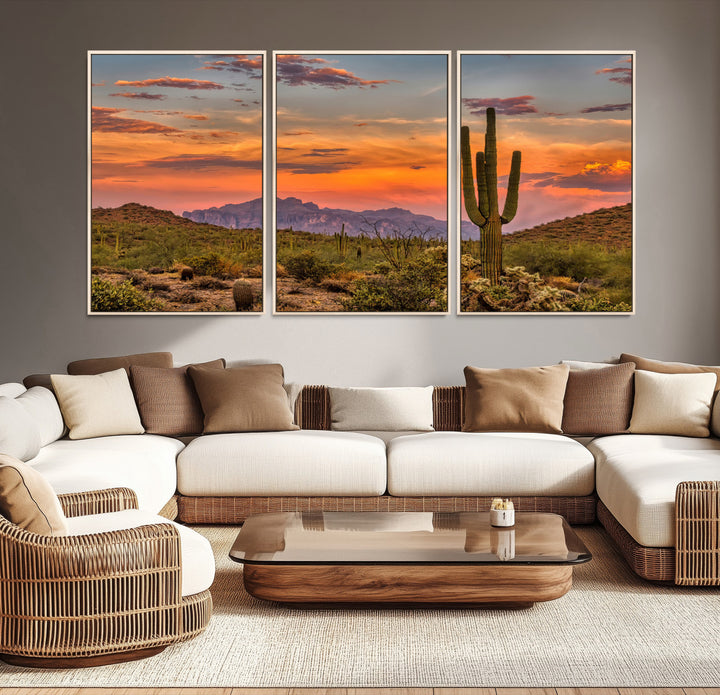 25332783-MGV-CV-36X24-Saguaro Cactus Wall Art Canvas Print, Arizona Sunset Print, Framed Sonoran Desert Art Print, Large Vibrant Landscape Printing