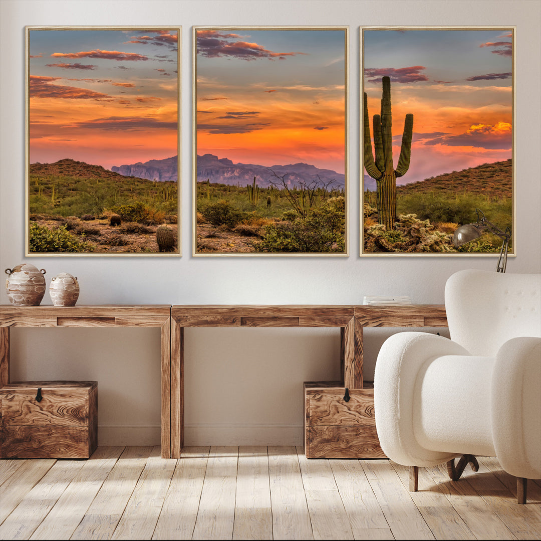 25332783-MGV-CV-36X24-Saguaro Cactus Wall Art Canvas Print, Arizona Sunset Print, Framed Sonoran Desert Art Print, Large Vibrant Landscape Printing