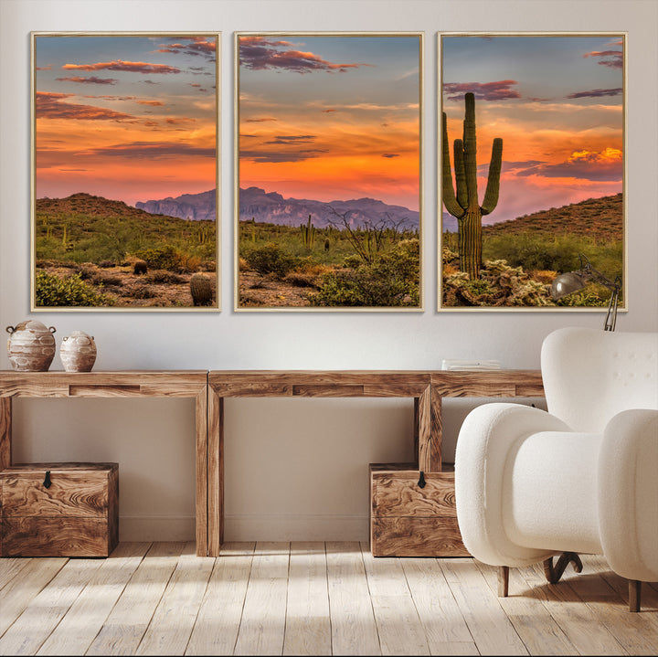 25332783-MGV-CV-36X24-Saguaro Cactus Wall Art Canvas Print, Arizona Sunset Print, Framed Sonoran Desert Art Print, Large Vibrant Landscape Printing