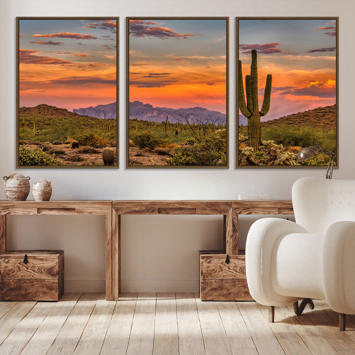 25332783-MGV-CV-36X24-Saguaro Cactus Wall Art Canvas Print, Arizona Sunset Print, Framed Sonoran Desert Art Print, Large Vibrant Landscape Printing