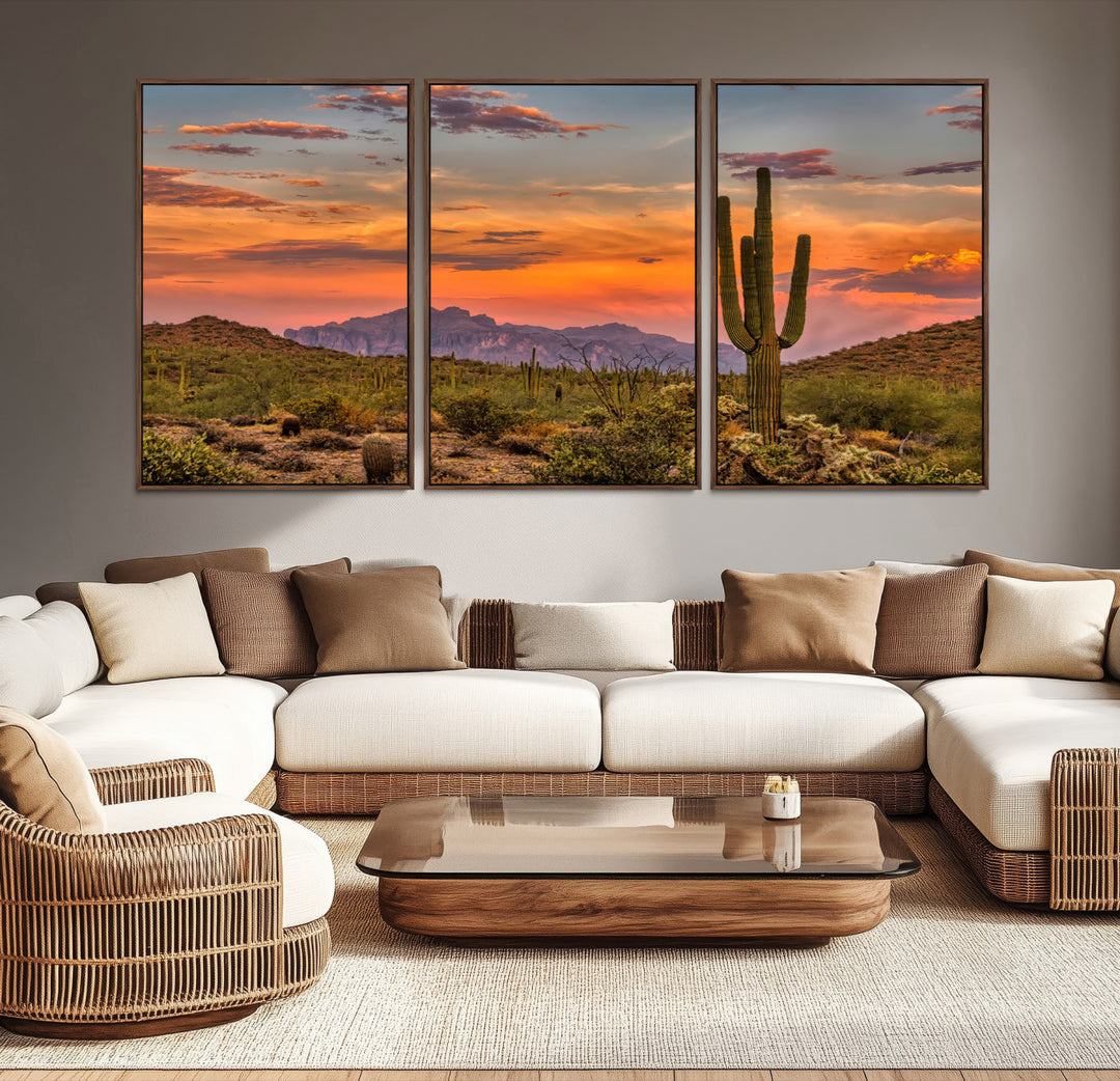 25332783-MGV-CV-36X24-Saguaro Cactus Wall Art Canvas Print, Arizona Sunset Print, Framed Sonoran Desert Art Print, Large Vibrant Landscape Printing