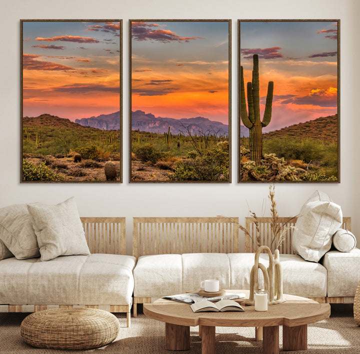 25332783-MGV-CV-36X24-Saguaro Cactus Wall Art Canvas Print, Arizona Sunset Print, Framed Sonoran Desert Art Print, Large Vibrant Landscape Printing