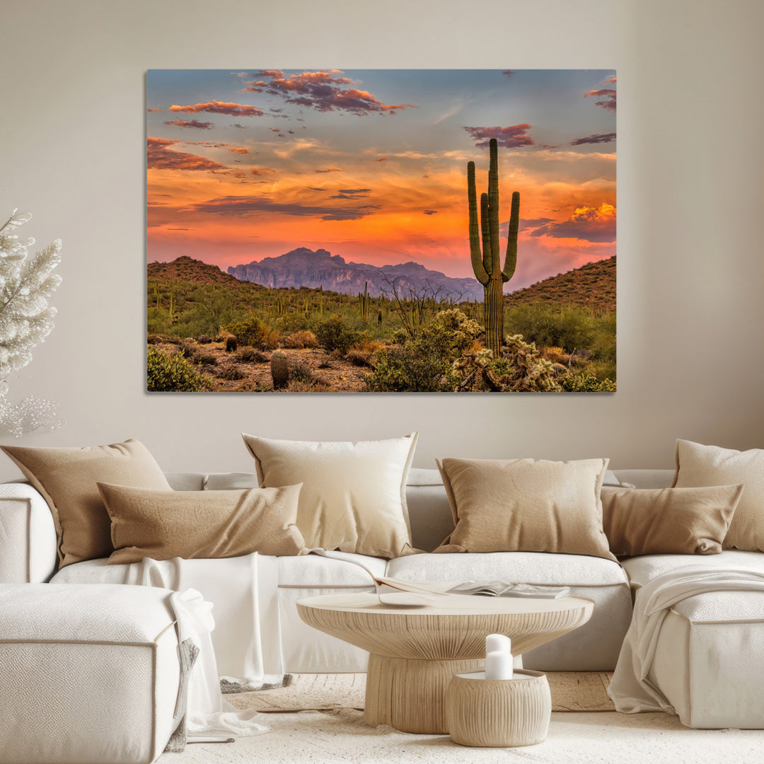 Saguaro Cactus Wall Art Canvas Print, Arizona Sunset Print, Framed Sonoran Desert Art Print, Large Vibrant Landscape Printing