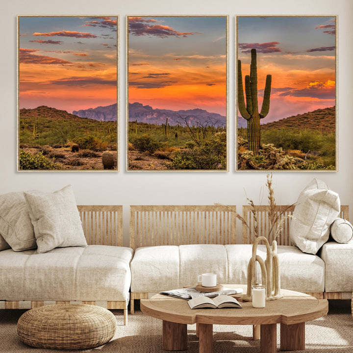 25332783-MGV-CV-36X24-Saguaro Cactus Wall Art Canvas Print, Arizona Sunset Print, Framed Sonoran Desert Art Print, Large Vibrant Landscape Printing