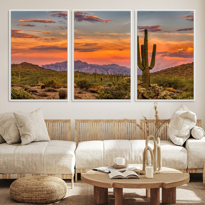 25332783-MGV-CV-36X24-Saguaro Cactus Wall Art Canvas Print, Arizona Sunset Print, Framed Sonoran Desert Art Print, Large Vibrant Landscape Printing