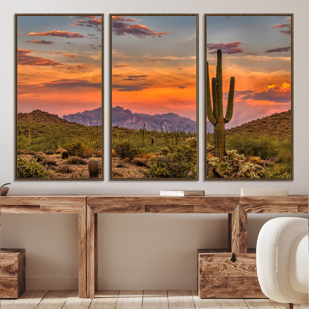 25332783-MGV-CV-36X24-Saguaro Cactus Wall Art Canvas Print, Arizona Sunset Print, Framed Sonoran Desert Art Print, Large Vibrant Landscape Printing