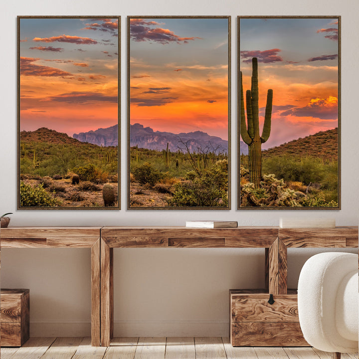 25332783-MGV-CV-36X24-Saguaro Cactus Wall Art Canvas Print, Arizona Sunset Print, Framed Sonoran Desert Art Print, Large Vibrant Landscape Printing