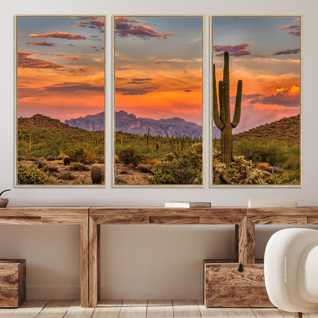 25332783-MGV-CV-36X24-Saguaro Cactus Wall Art Canvas Print, Arizona Sunset Print, Framed Sonoran Desert Art Print, Large Vibrant Landscape Printing