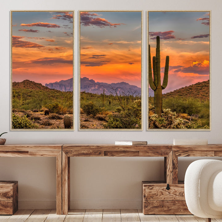 25332783-MGV-CV-36X24-Saguaro Cactus Wall Art Canvas Print, Arizona Sunset Print, Framed Sonoran Desert Art Print, Large Vibrant Landscape Printing