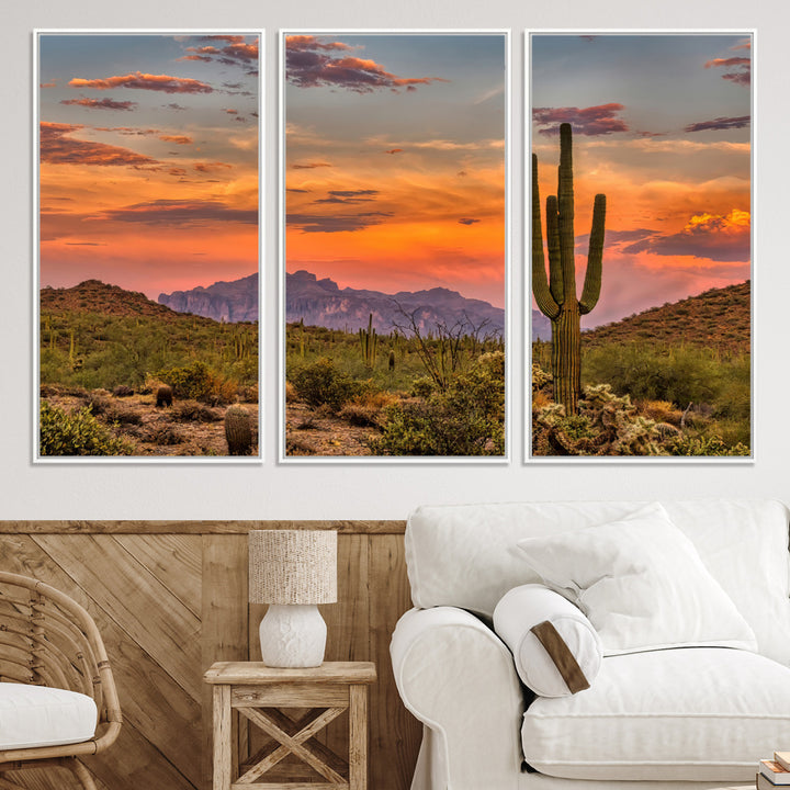 25332783-MGV-CV-36X24-Saguaro Cactus Wall Art Canvas Print, Arizona Sunset Print, Framed Sonoran Desert Art Print, Large Vibrant Landscape Printing