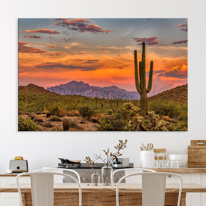 Saguaro Cactus Wall Art Canvas Print, Arizona Sunset Print, Framed Sonoran Desert Art Print, Large Vibrant Landscape Printing