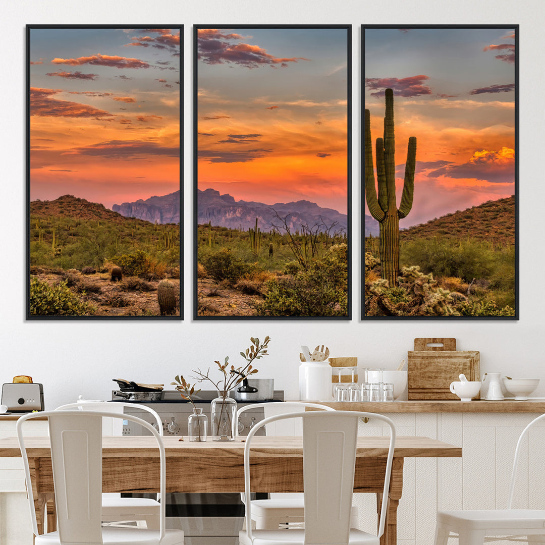 25332783-MGV-CV-36X24-Saguaro Cactus Wall Art Canvas Print, Arizona Sunset Print, Framed Sonoran Desert Art Print, Large Vibrant Landscape Printing