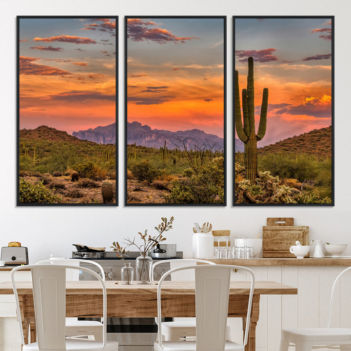 25332783-MGV-CV-36X24-Saguaro Cactus Wall Art Canvas Print, Arizona Sunset Print, Framed Sonoran Desert Art Print, Large Vibrant Landscape Printing