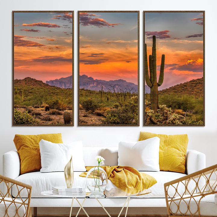 25332783-MGV-CV-36X24-Saguaro Cactus Wall Art Canvas Print, Arizona Sunset Print, Framed Sonoran Desert Art Print, Large Vibrant Landscape Printing