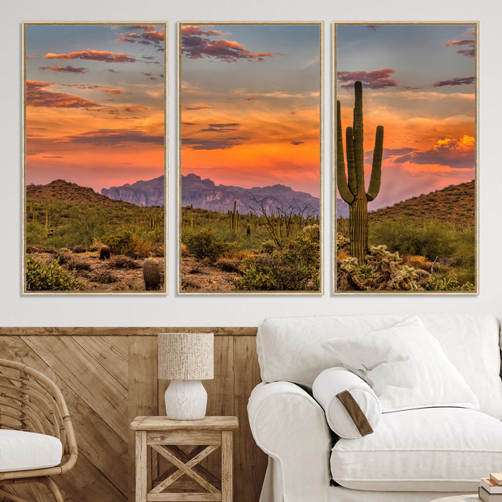 25332783-MGV-CV-36X24-Saguaro Cactus Wall Art Canvas Print, Arizona Sunset Print, Framed Sonoran Desert Art Print, Large Vibrant Landscape Printing