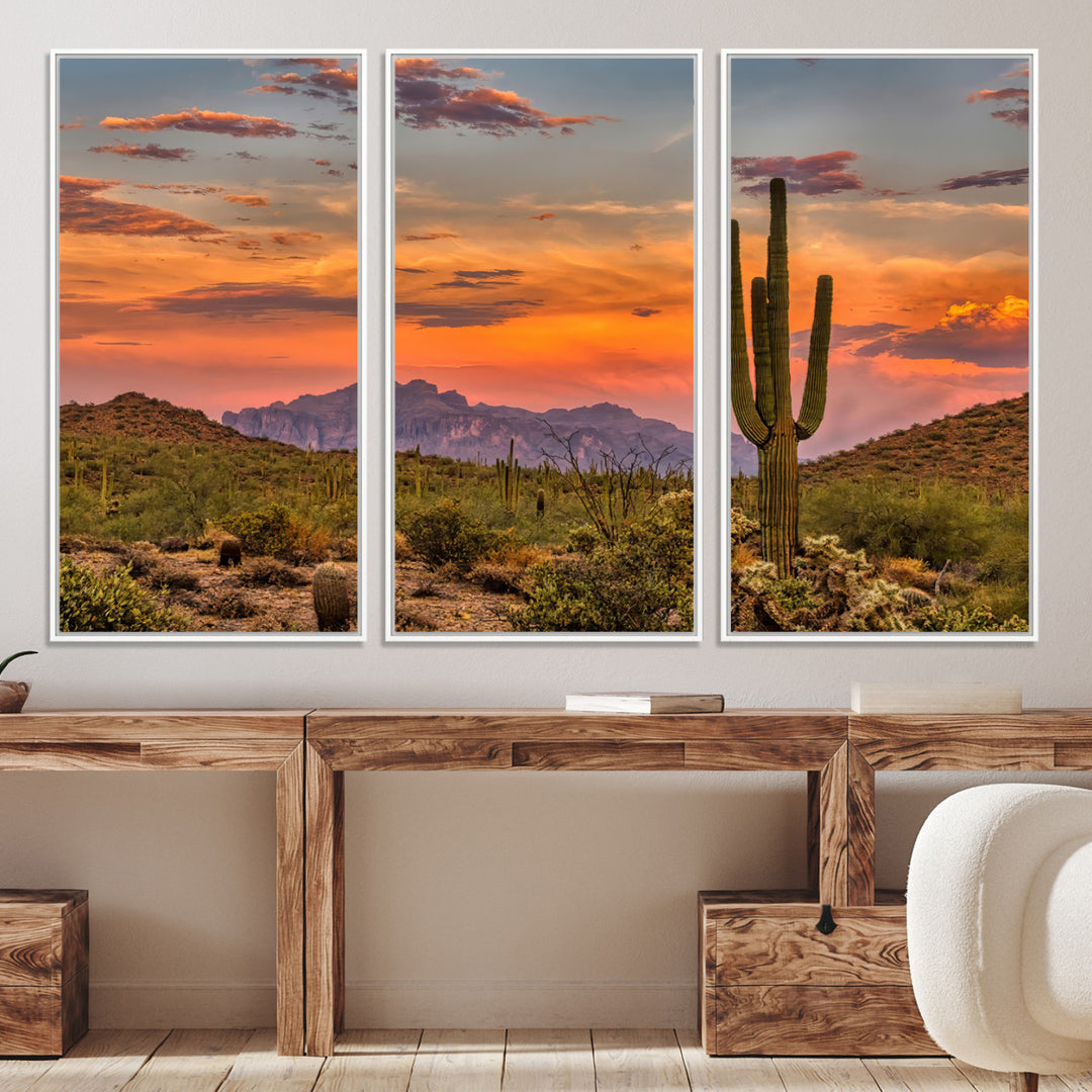 25332783-MGV-CV-36X24-Saguaro Cactus Wall Art Canvas Print, Arizona Sunset Print, Framed Sonoran Desert Art Print, Large Vibrant Landscape Printing