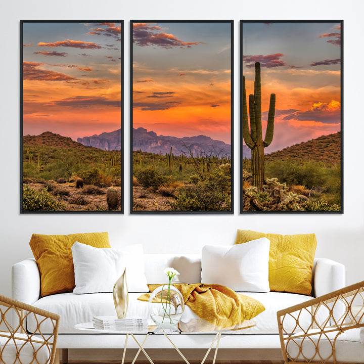 25332783-MGV-CV-36X24-Saguaro Cactus Wall Art Canvas Print, Arizona Sunset Print, Framed Sonoran Desert Art Print, Large Vibrant Landscape Printing