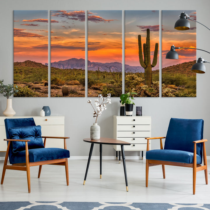 25332783-MGV-CV-36X24-Saguaro Cactus Wall Art Canvas Print, Arizona Sunset Print, Framed Sonoran Desert Art Print, Large Vibrant Landscape Printing