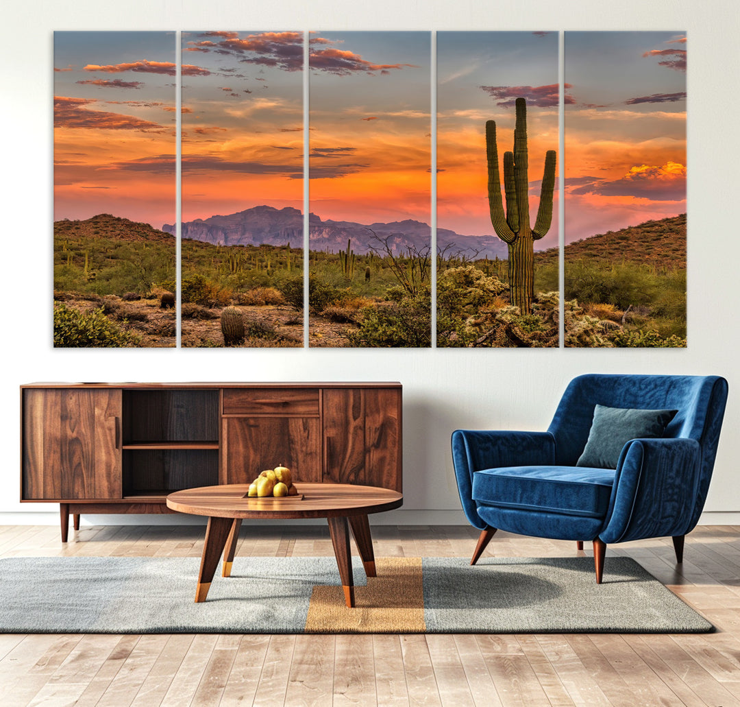 25332783-MGV-CV-36X24-Saguaro Cactus Wall Art Canvas Print, Arizona Sunset Print, Framed Sonoran Desert Art Print, Large Vibrant Landscape Printing