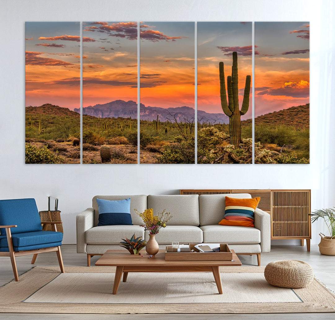 25332783-MGV-CV-36X24-Saguaro Cactus Wall Art Canvas Print, Arizona Sunset Print, Framed Sonoran Desert Art Print, Large Vibrant Landscape Printing