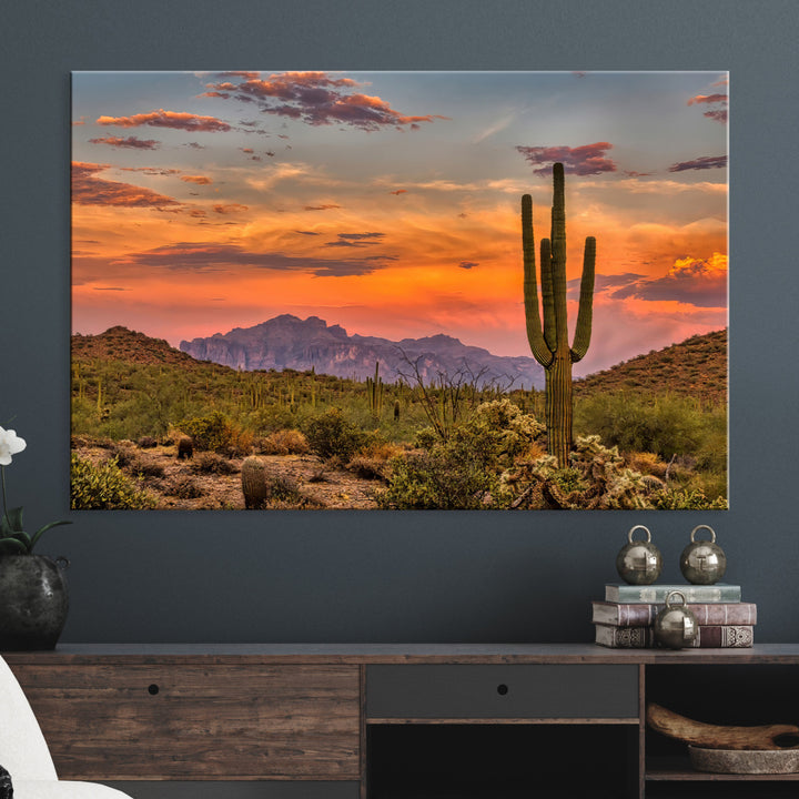 Saguaro Cactus Wall Art Canvas Print, Arizona Sunset Print, Framed Sonoran Desert Art Print, Large Vibrant Landscape Printing