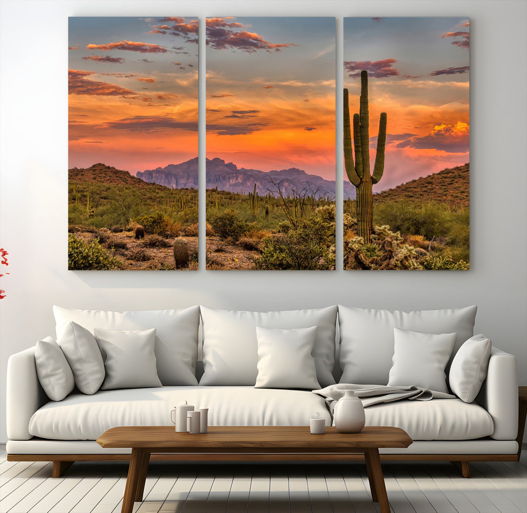 25332783-MGV-CV-48X32-3P-Saguaro Cactus Wall Art Canvas Print, Arizona Sunset Print, Framed Sonoran Desert Art Print, Large Vibrant Landscape Printing