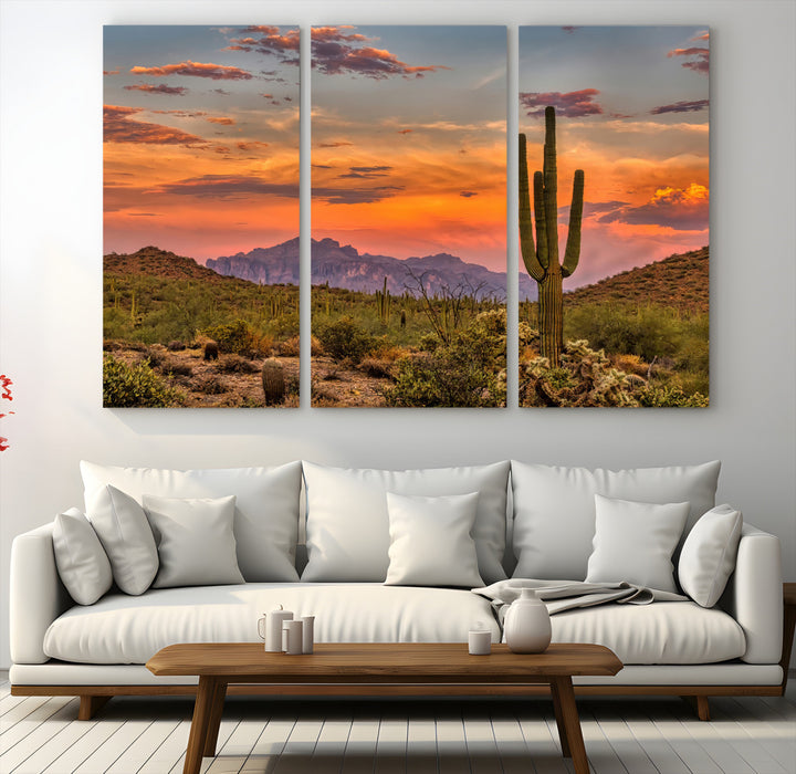 25332783-MGV-CV-48X32-3P-Saguaro Cactus Wall Art Canvas Print, Arizona Sunset Print, Framed Sonoran Desert Art Print, Large Vibrant Landscape Printing