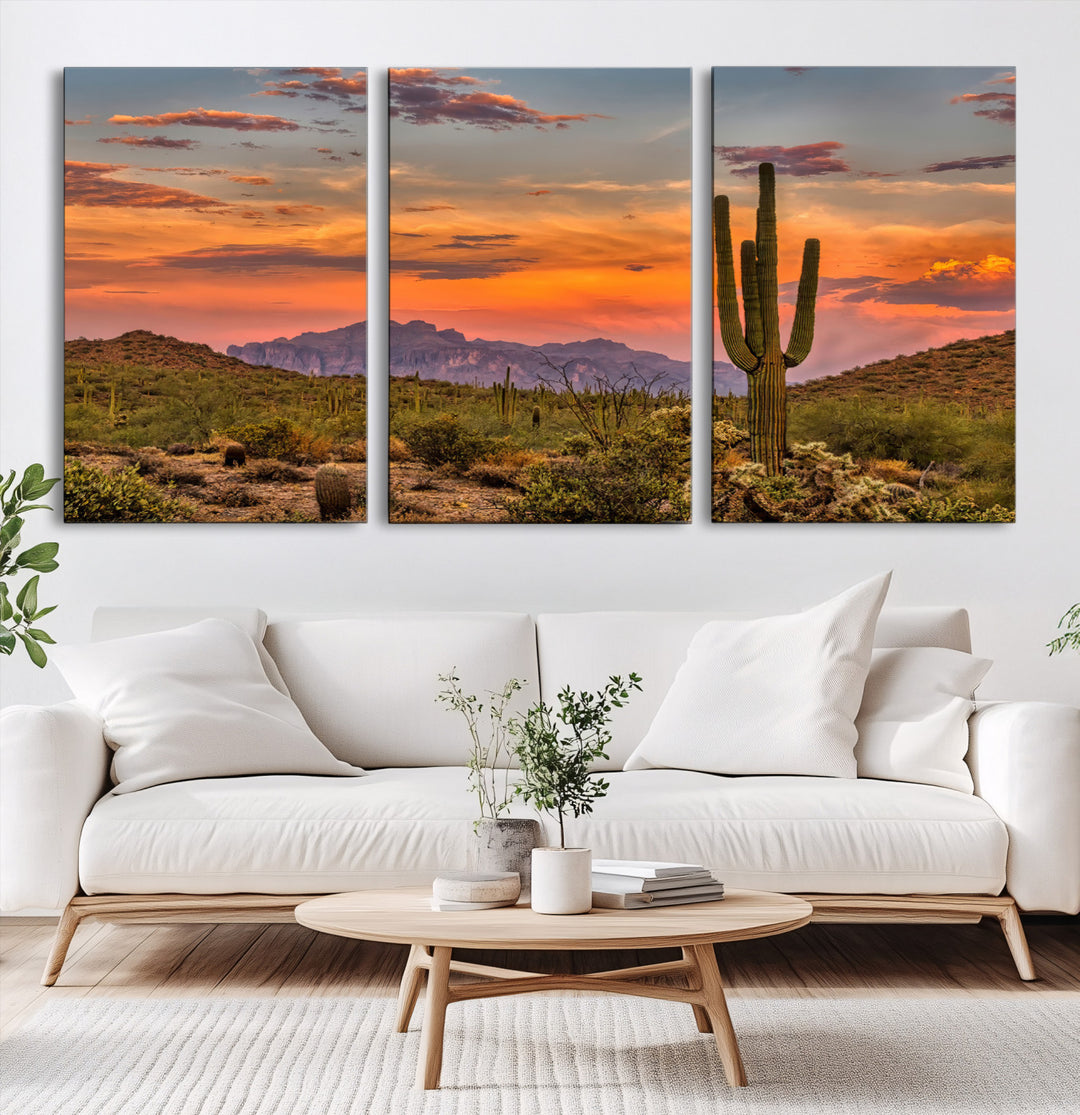 25332783-MGV-CV-60X30-3P-Saguaro Cactus Wall Art Canvas Print, Arizona Sunset Print, Framed Sonoran Desert Art Print, Large Vibrant Landscape Printing