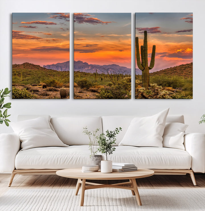 25332783-MGV-CV-60X30-3P-Saguaro Cactus Wall Art Canvas Print, Arizona Sunset Print, Framed Sonoran Desert Art Print, Large Vibrant Landscape Printing