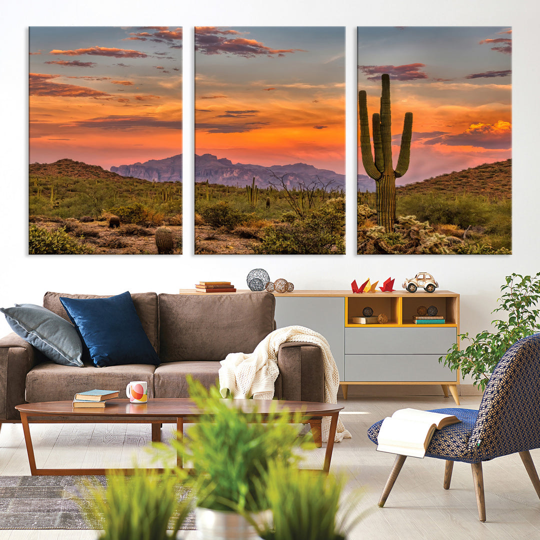 Saguaro Cactus Wall Art Canvas Print, Arizona Sunset Print, Framed Sonoran Desert Art Print, Large Vibrant Landscape Printing
