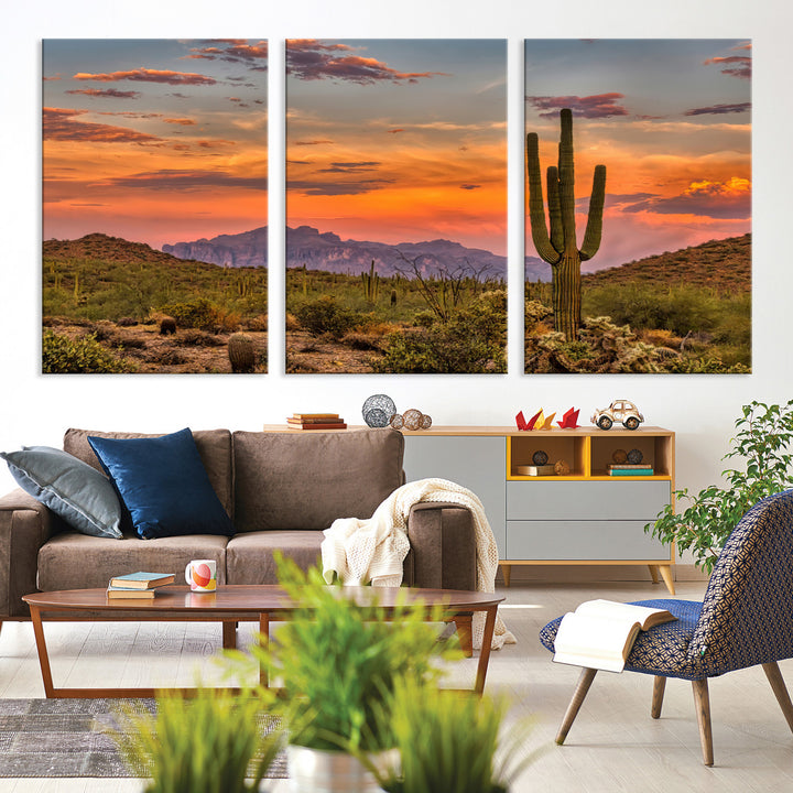 Saguaro Cactus Wall Art Canvas Print, Arizona Sunset Print, Framed Sonoran Desert Art Print, Large Vibrant Landscape Printing