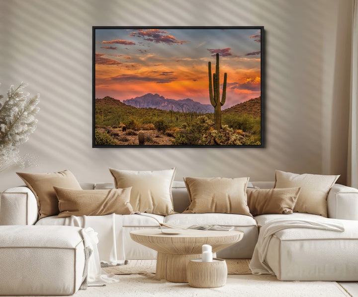 Saguaro Cactus Wall Art Canvas Print, Arizona Sunset Print, Framed Sonoran Desert Art Print, Large Vibrant Landscape Printing