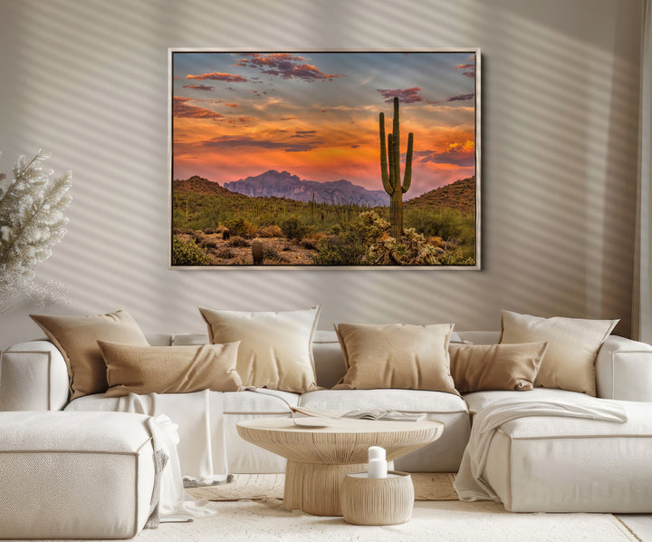 Saguaro Cactus Wall Art Canvas Print, Arizona Sunset Print, Framed Sonoran Desert Art Print, Large Vibrant Landscape Printing
