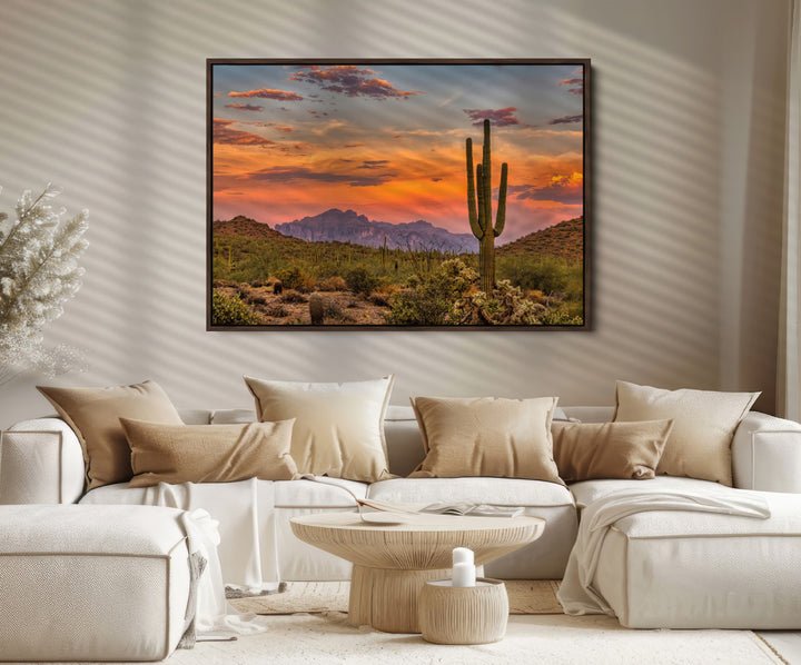 Saguaro Cactus Wall Art Canvas Print, Arizona Sunset Print, Framed Sonoran Desert Art Print, Large Vibrant Landscape Printing