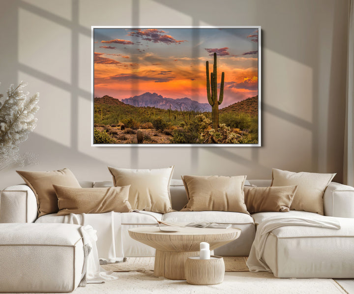 Saguaro Cactus Wall Art Canvas Print, Arizona Sunset Print, Framed Sonoran Desert Art Print, Large Vibrant Landscape Printing